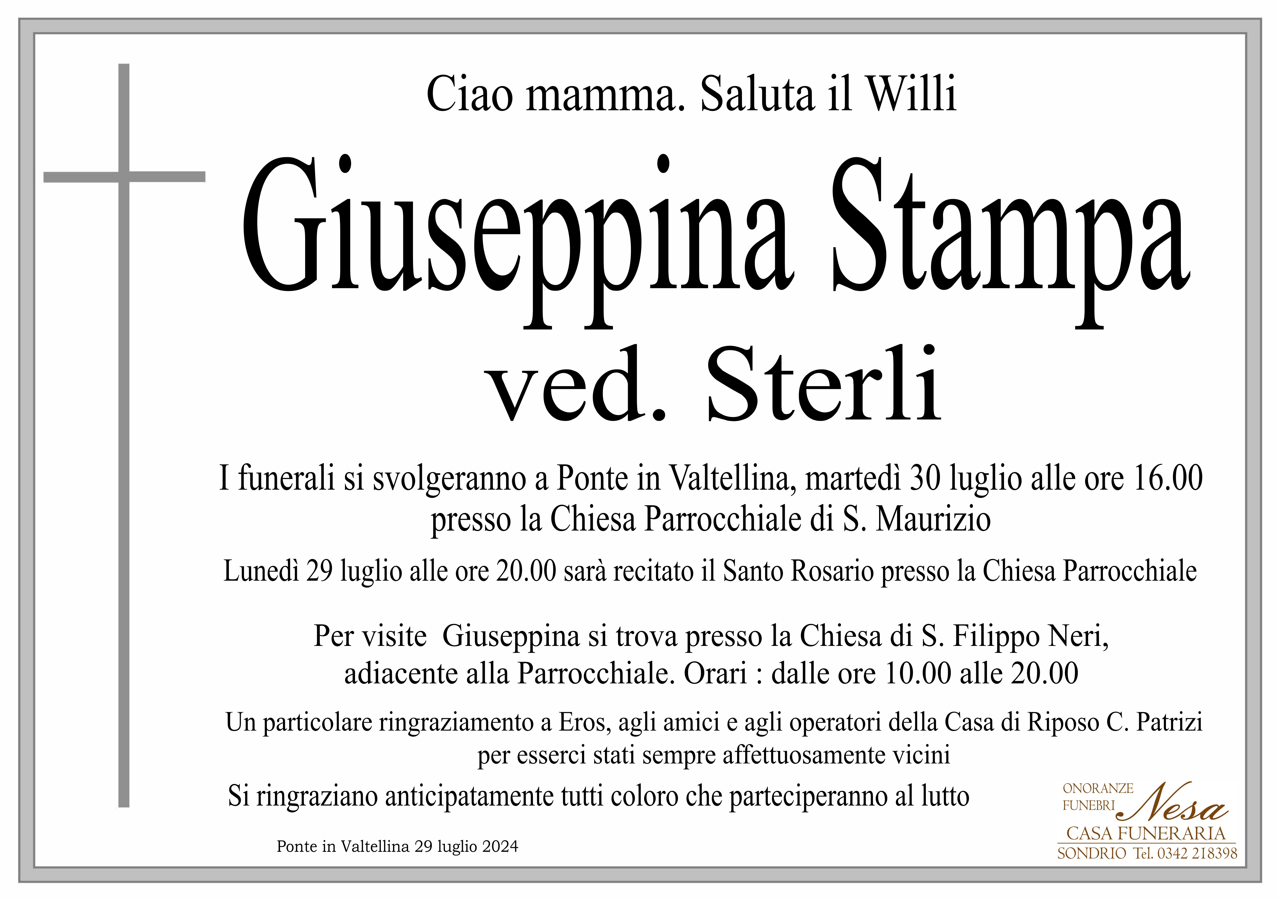 Necrologio Giuseppina stampa ved. Sterli